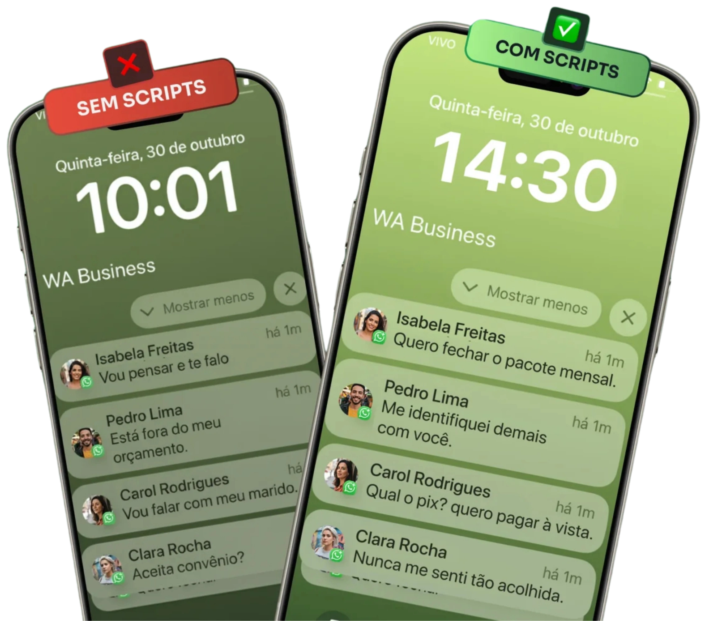 Comparação entre duas conversas de WhatsApp: sem os scripts, o psicólogo hesita e perde o paciente; com os scripts do método, a conversa flui com clareza até o agendamento.