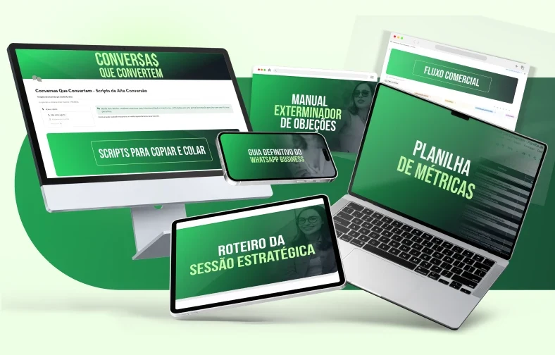 Mockup dos materiais do método Conversas que Convertem em várias telas: computador, tablet, celular e notebook mostrando os scripts, o manual exterminador de objeções, a planilha de métricas e o roteiro da sessão estratégica.