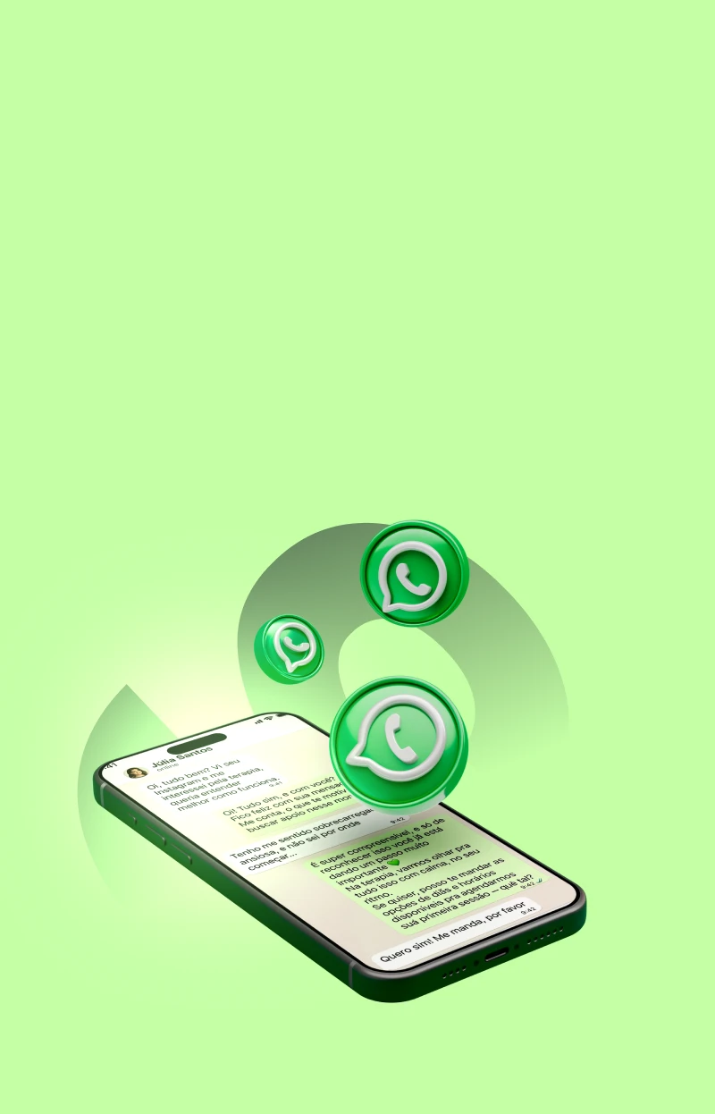 Celular exibindo uma conversa de WhatsApp com ícones do aplicativo flutuando ao redor.