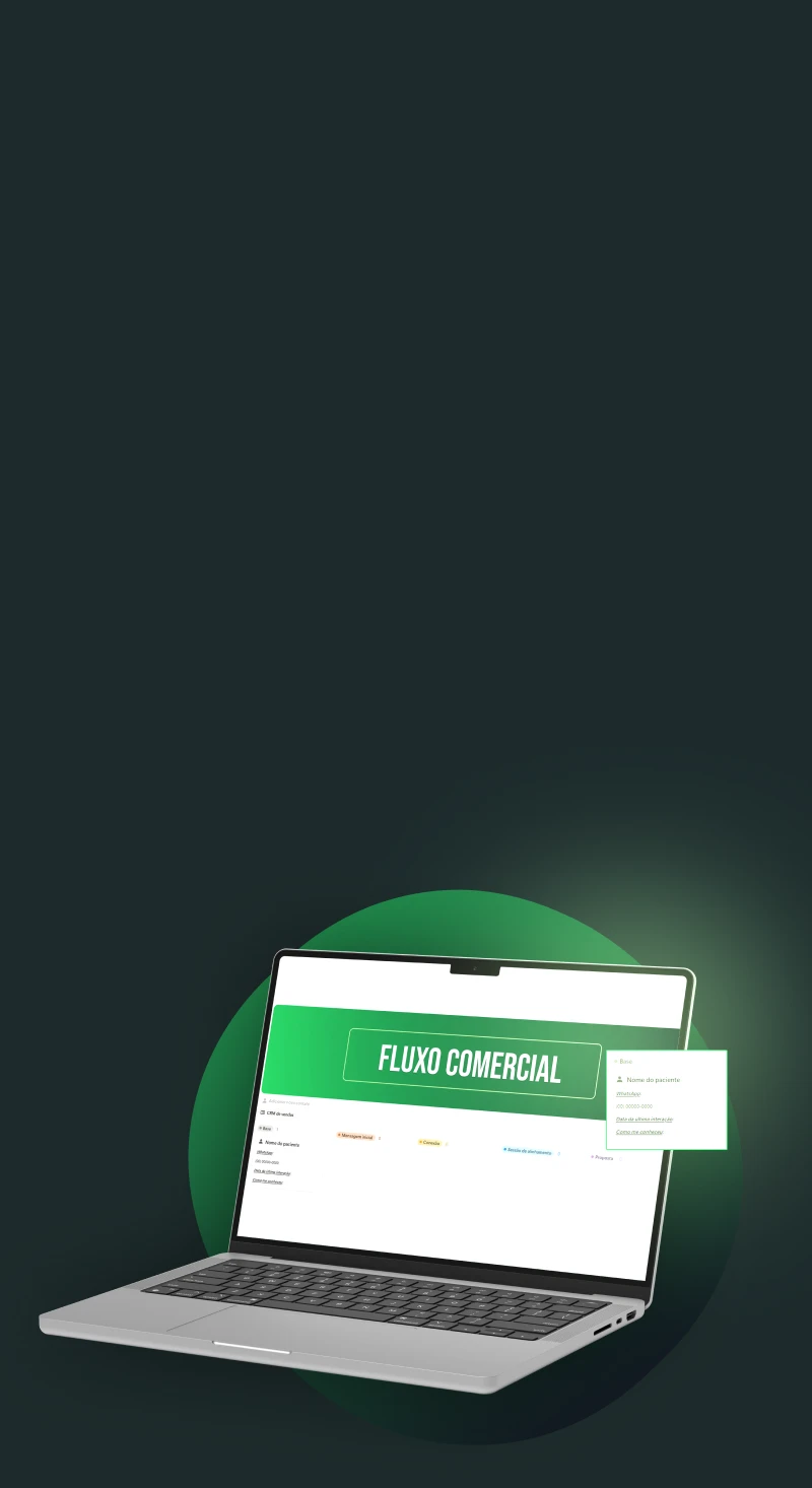 Notebook mostrando o CRM "Fluxo Comercial", com cadastro de pacientes e etapas do processo de vendas.