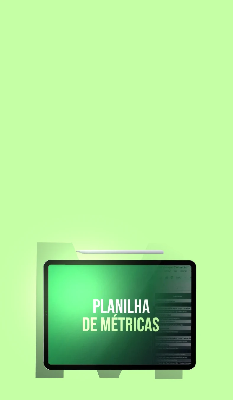 Tablet exibindo a planilha de métricas do processo comercial.