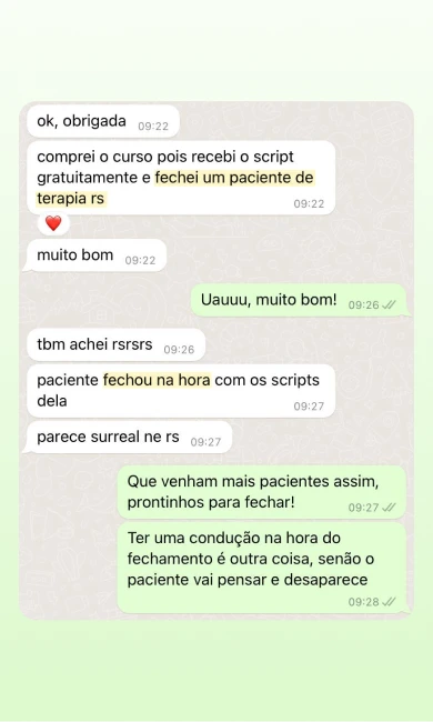 Print de depoimento no WhatsApp de aluno do Conversas que Convertem sobre os resultados do método (1 de 4).