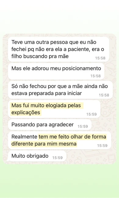 Print de depoimento no WhatsApp de aluno do Conversas que Convertem sobre os resultados do método (3 de 4).